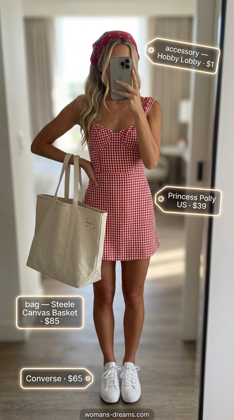 Gingham Charm A-Line dress for summer brunch outfits for women 2026. Red gingham dress, white sneakers, canvas tote, red bandana.