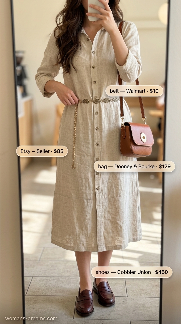 Linen Ease Shirtdress for summer brunch outfits for women 2026. Beige shirtdress, tan loafers, crossbody bag, gold belt.