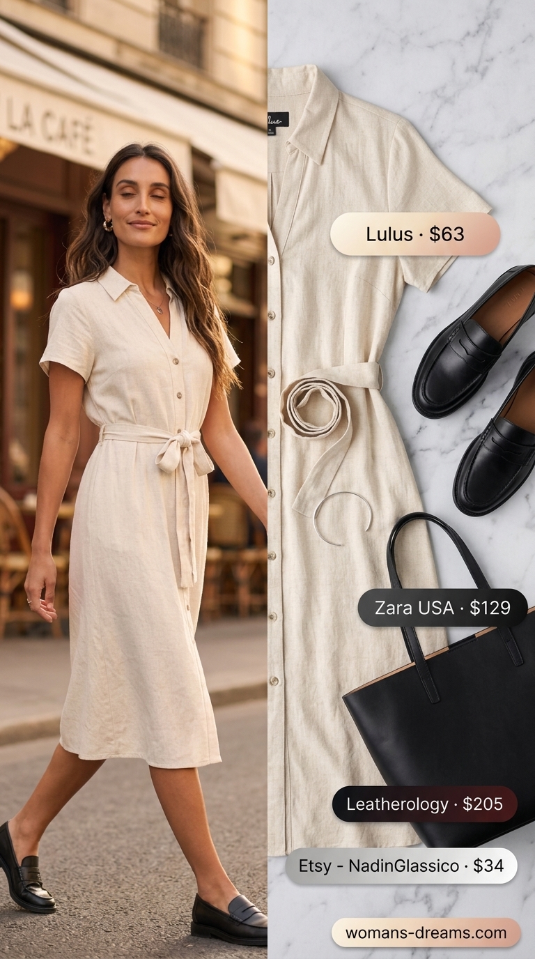 Minimalist beige linen shirt dress outfit for summer brunch 2026 with black loafers and structured tote.