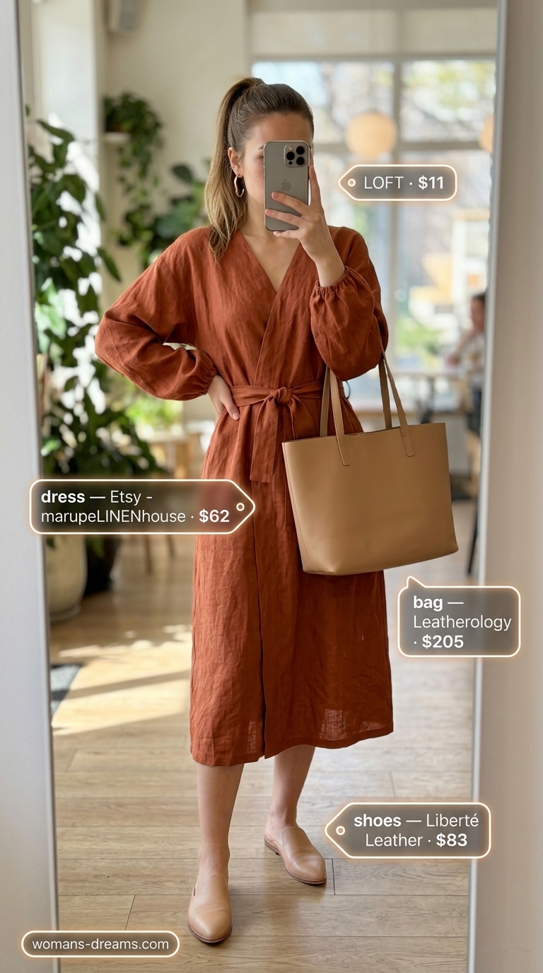 Terracotta puff sleeve linen dress outfit for summer brunch 2026 with tan tote and flat mules.