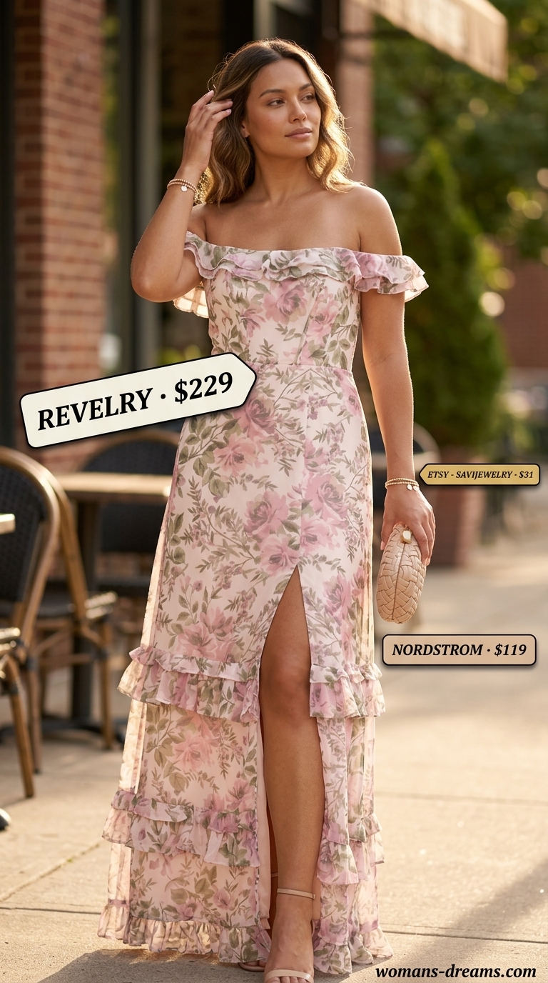 Romantic garden maxi dress outfit for summer brunch 2026 with nude block heels and woven clutch.
