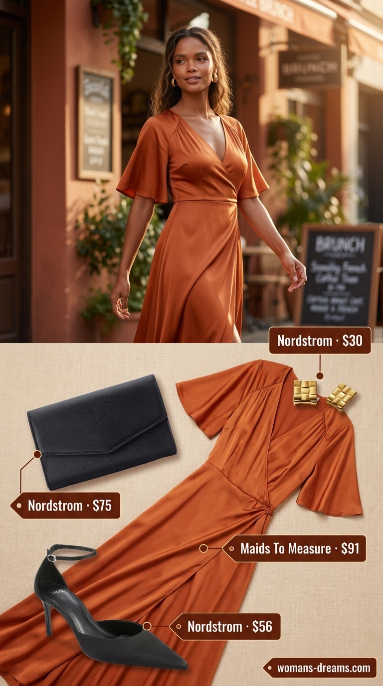 Rooftop Golden Hour dress for summer brunch outfits for women 2026. Mango orange wrap dress, black heels, gold earrings, and clutch.