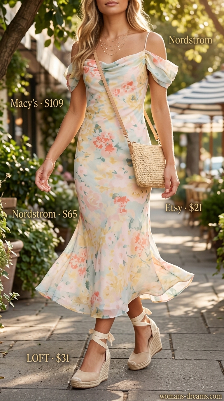 Pastel floral midi dress outfit for summer brunch 2026 with woven crossbody and wedge espadrilles.