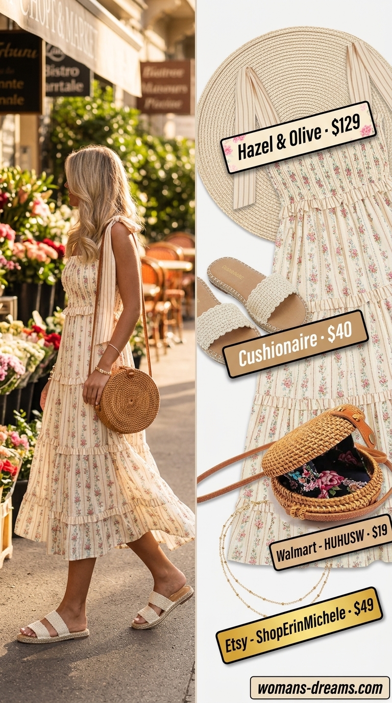 Feminine pastel floral midi dress outfit for summer brunch 2026 with straw bag and espadrilles.