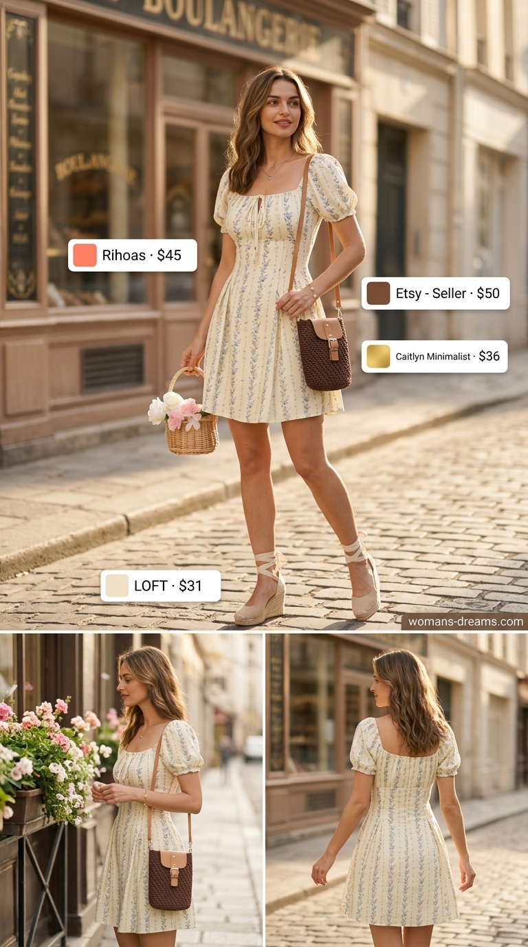 Sweet Sundress Charm for summer brunch outfits for women 2026. Coral floral dress, espadrille wedges, raffia crossbody bag, gold bracelet.