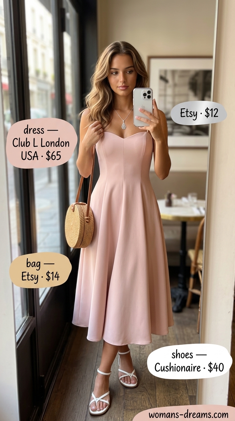 Sweetheart Neckline Sundress for summer brunch outfits for women 2026. Blush pink dress, straw basket bag, flat sandals, silver necklace.