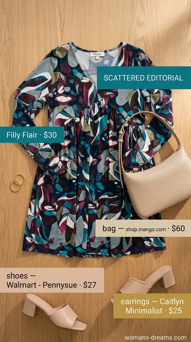 Artistic abstract print midi dress for summer brunch 2026, with beige mules and silver hoop earrings.