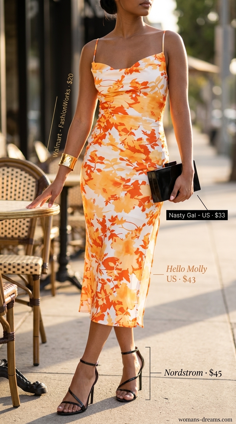 Bold citrus orange slip dress for summer brunch 2026, accessorized with black heels and gold jewelry.