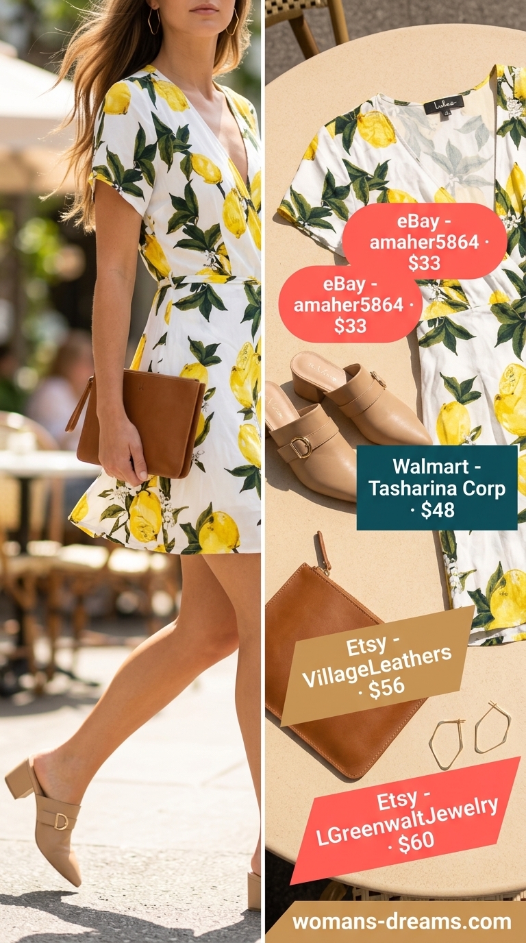 Citrus print midi wrap dress for summer brunch 2026, with tan mules and gold statement earrings.