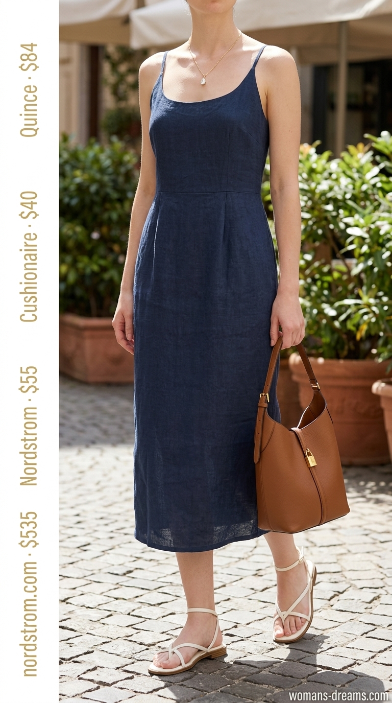 Monochromatic linen trousers outfit for summer brunch 2026, styled with cream sandals and gold necklace.