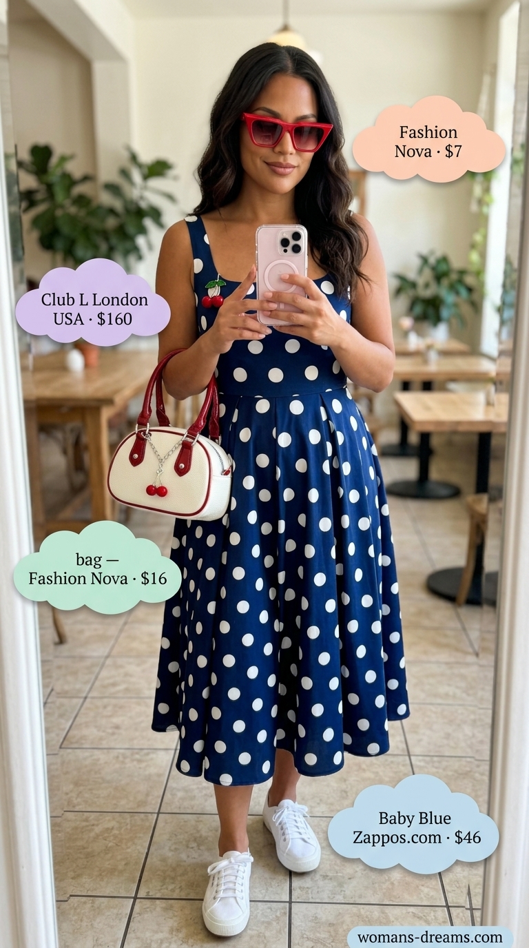 Navy and white polka dot midi dress for summer brunch 2026, with white sneakers and red accents.