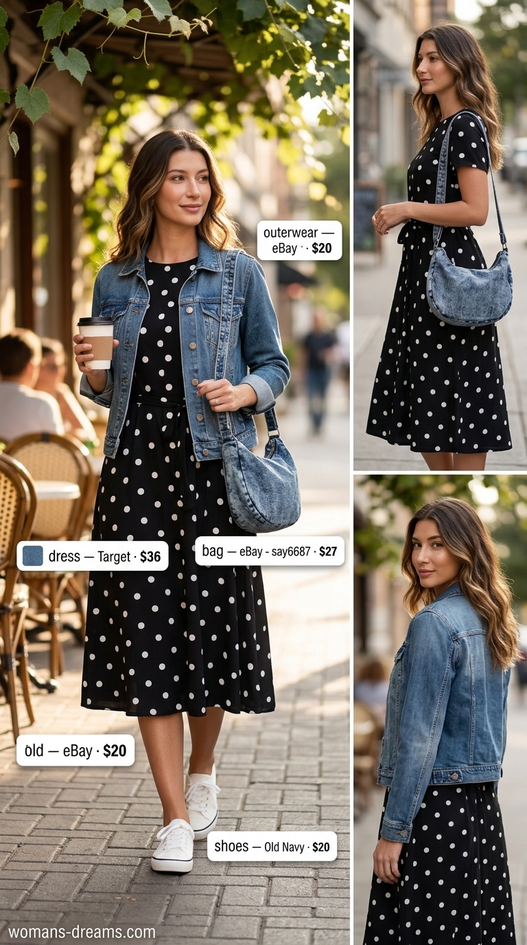 Playful polka dot midi dress for summer brunch 2026, styled with denim jacket and canvas sneakers.