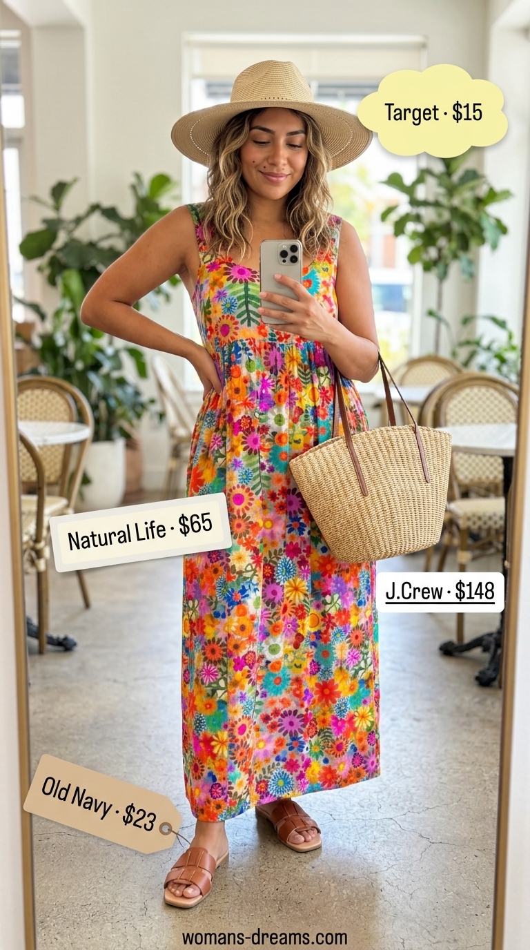 Tiered maxi summer dress for brunch 2026, styled with straw hat and tote bag for a bohemian vibe.