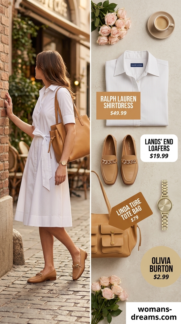 Crisp white shirtdress outfit for summer brunch 2026, paired with tan loafers and gold accessories.