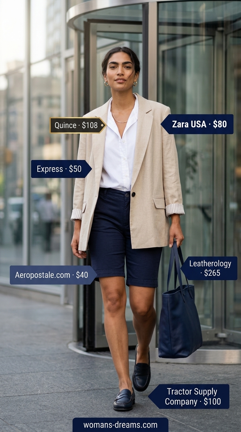 Beige linen blazer with navy shorts outfit for women 2026, summer office chic.