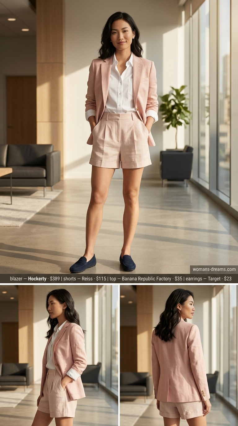 Blush pink shorts suit outfit for women 2026, feminine sophisticated style.