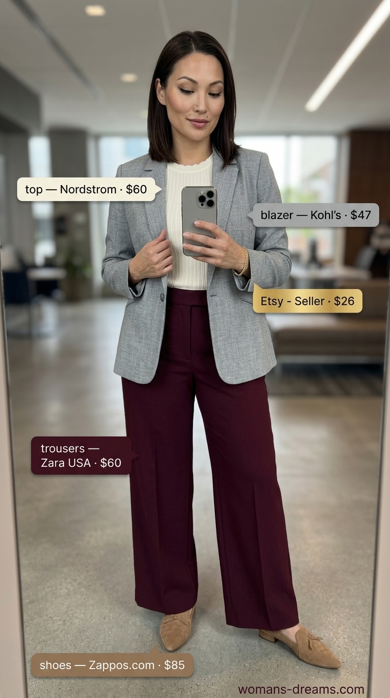 Burgundy wide-leg trousers outfit for women 2026, modern business casual for office.