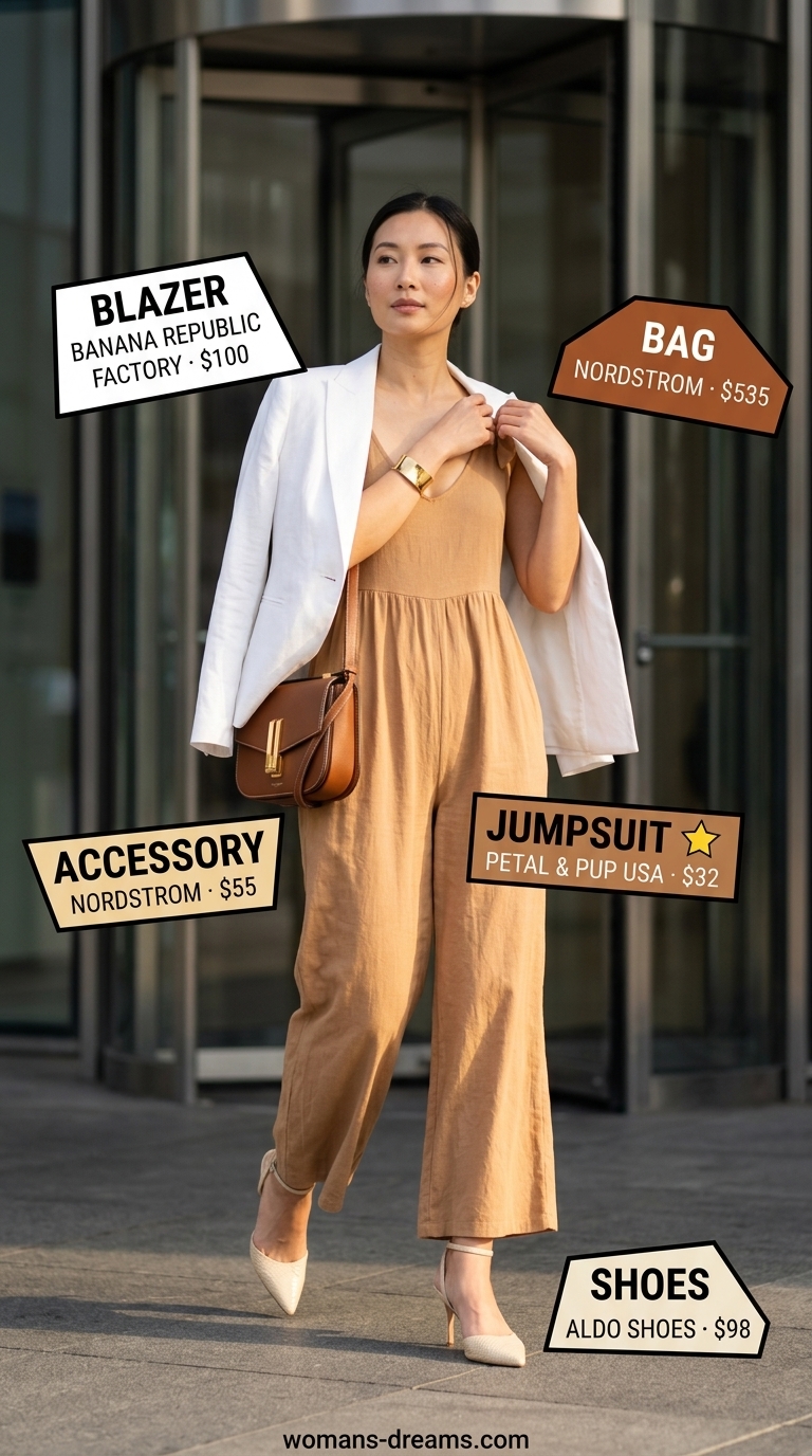 Camel linen jumpsuit outfit for women 2026, effortless chic for summer office.