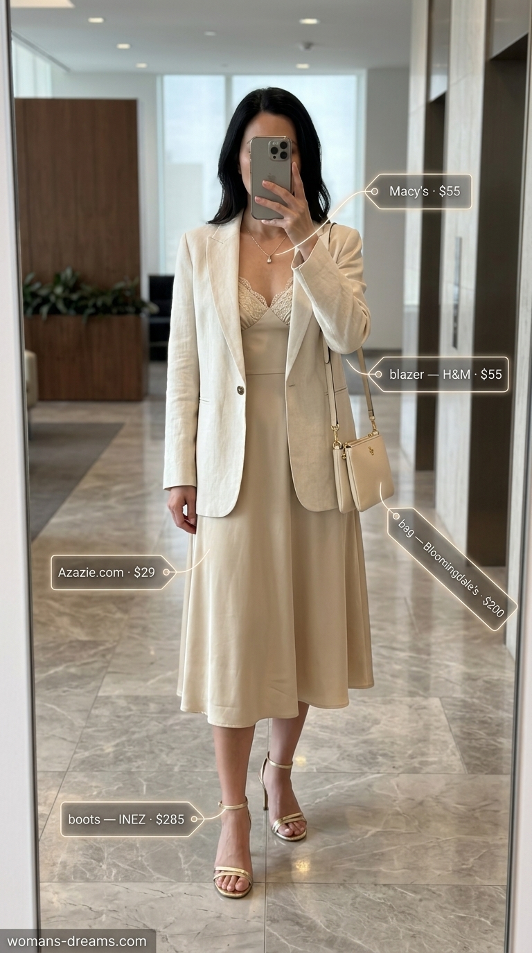 Summer business casual blazer outfit for women 2026: Champagne slip dress with beige linen blazer, gold sandals.