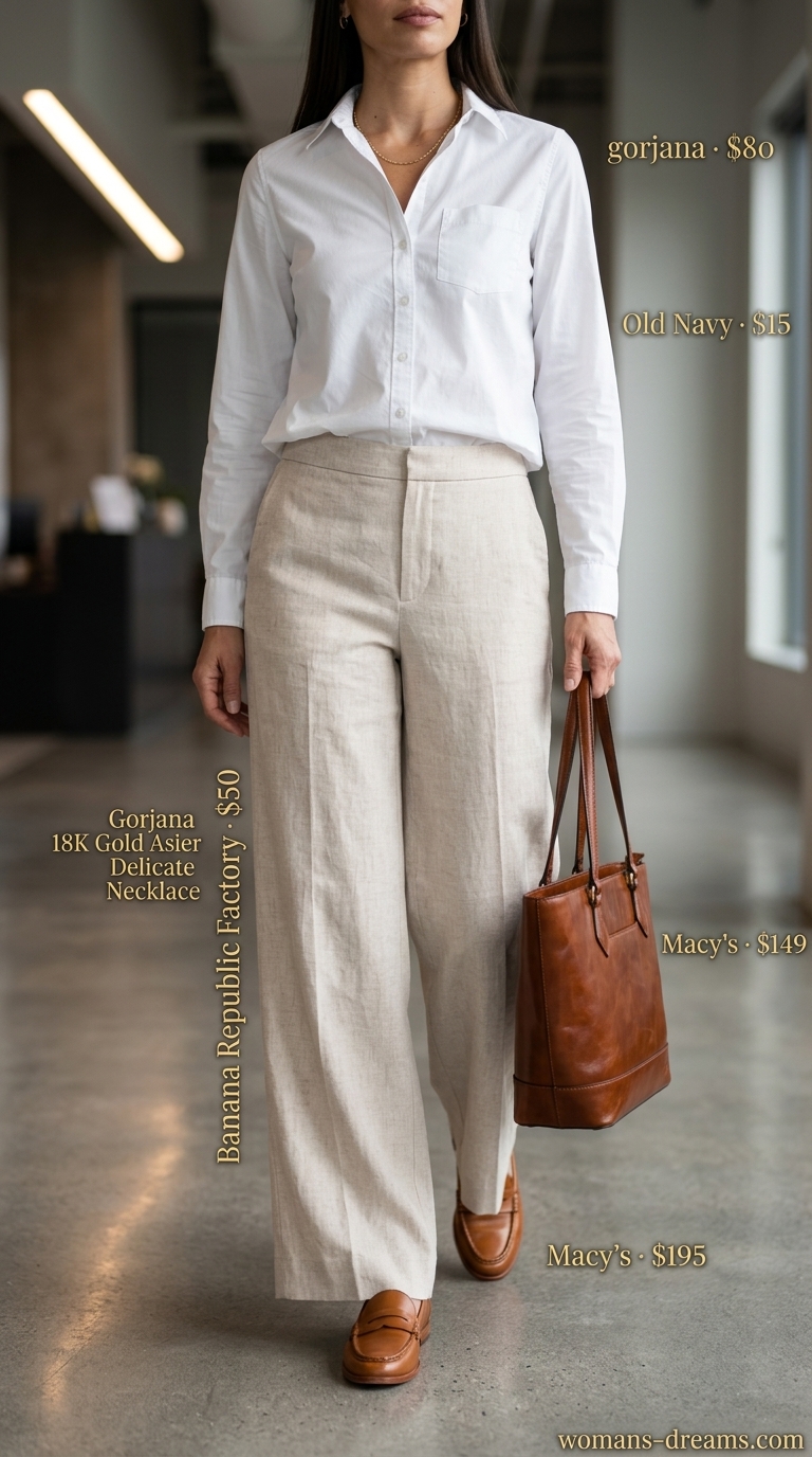 Light beige wide-leg trousers outfit for women 2026, sophisticated city chic.