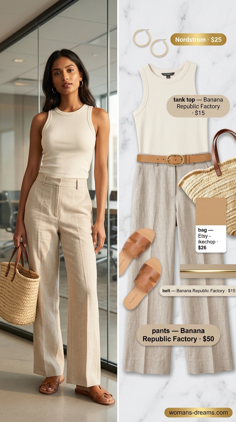 Summer business casual blazer outfit for women 2026: Oatmeal linen set, cream tank top, tan slides.