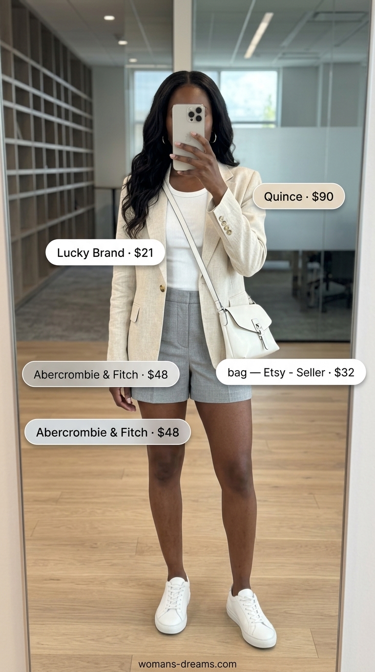 Summer business casual blazer outfit for women 2026: Light grey linen blazer, white knit top, grey shorts, silver mules.