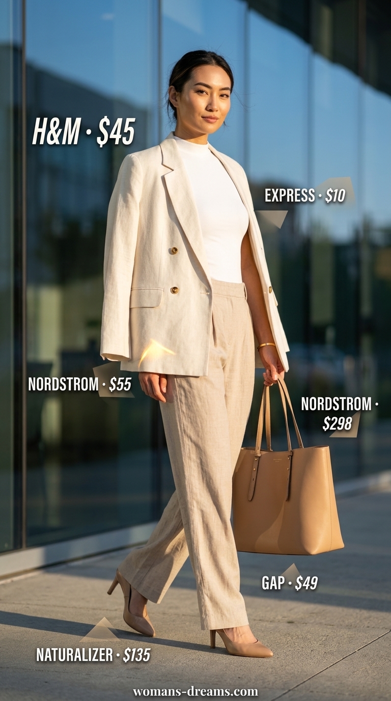 Beige linen blazer outfit for women 2026, monochrome power suit for business casual office.