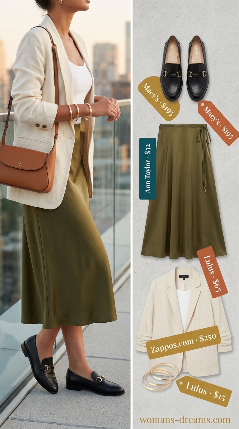 Summer business casual blazer outfit for women 2026: Olive green midi skirt, cream linen blazer, gold bangles.