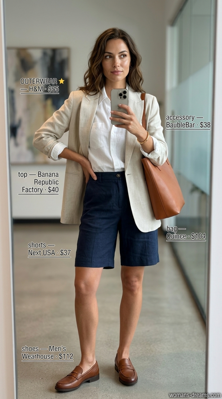 Navy Bermuda shorts outfit for women 2026, polished summer office style.