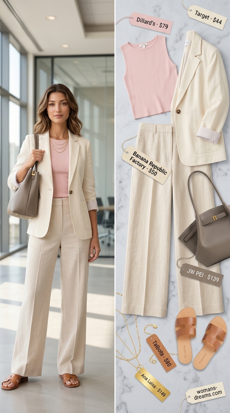 Summer business casual blazer outfit for women 2026: Cream linen trousers, blush pink knit top, beige linen blazer.