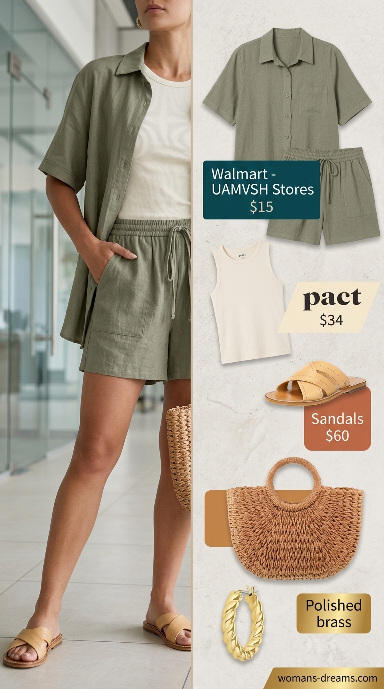 Sage green linen set outfit for women 2026, relaxed summer business casual.
