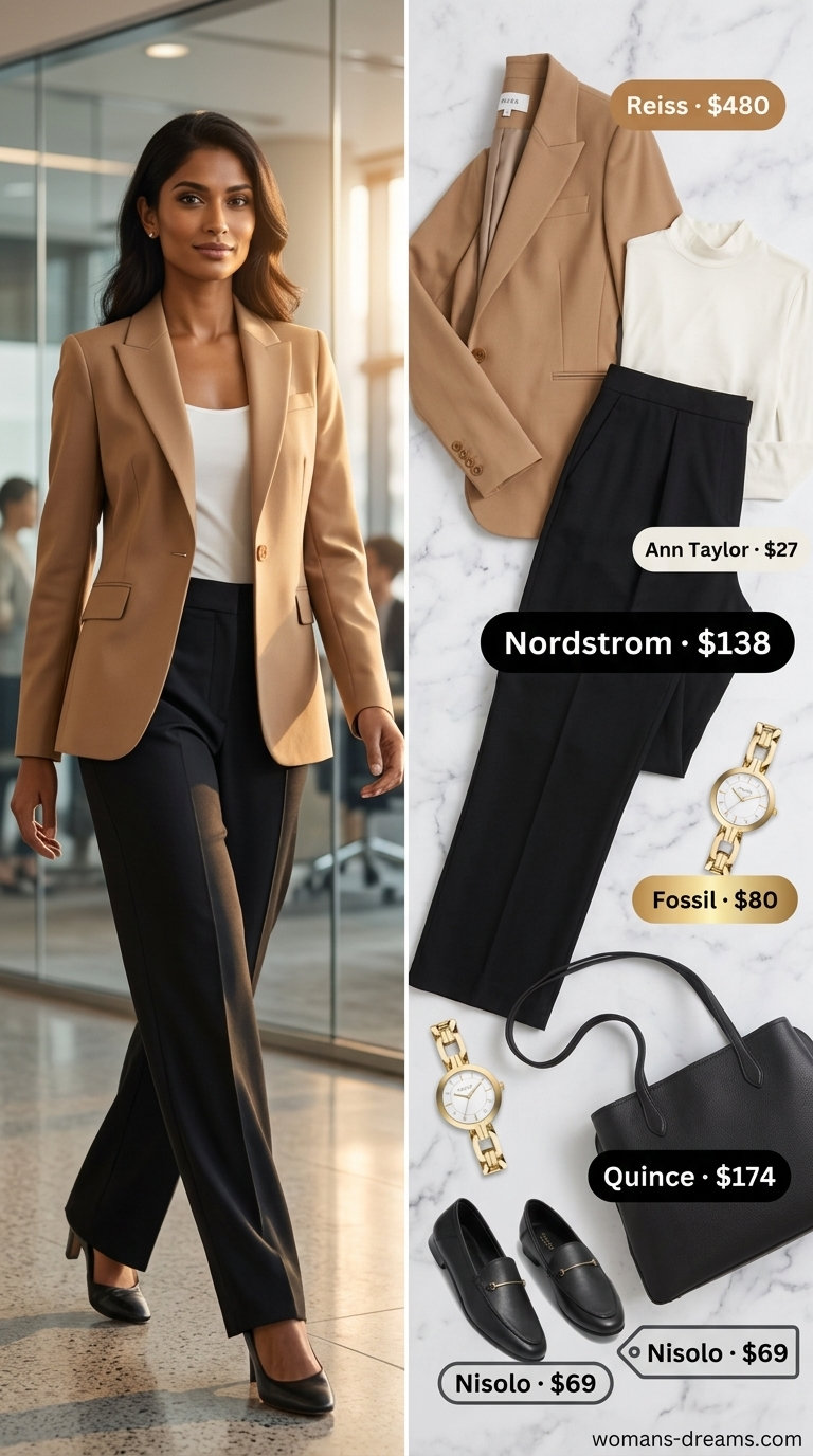 Summer business casual blazer outfit for women 2026: Camel blazer, black trousers, white mock neck top, black loafers.
