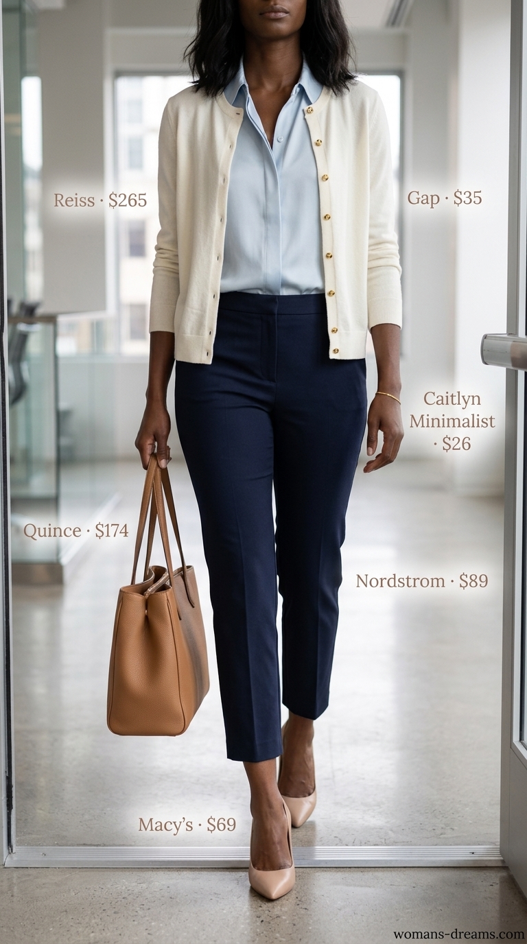 Summer business casual blazer outfit for women 2026: Navy capri pants, light blue silk blouse, cream cardigan.