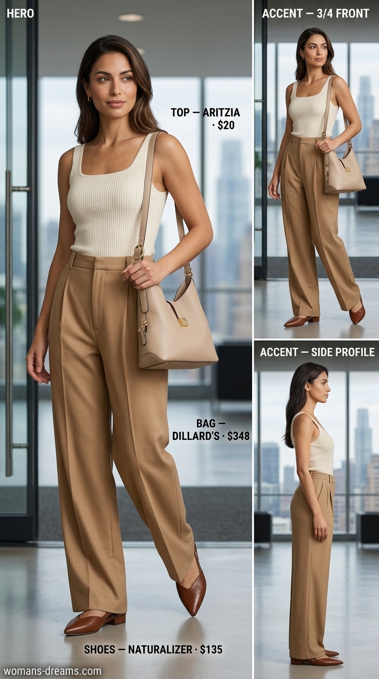 Summer business casual blazer outfit for women 2026: Camel wide-leg trousers, cream knit top, olive green cardigan.