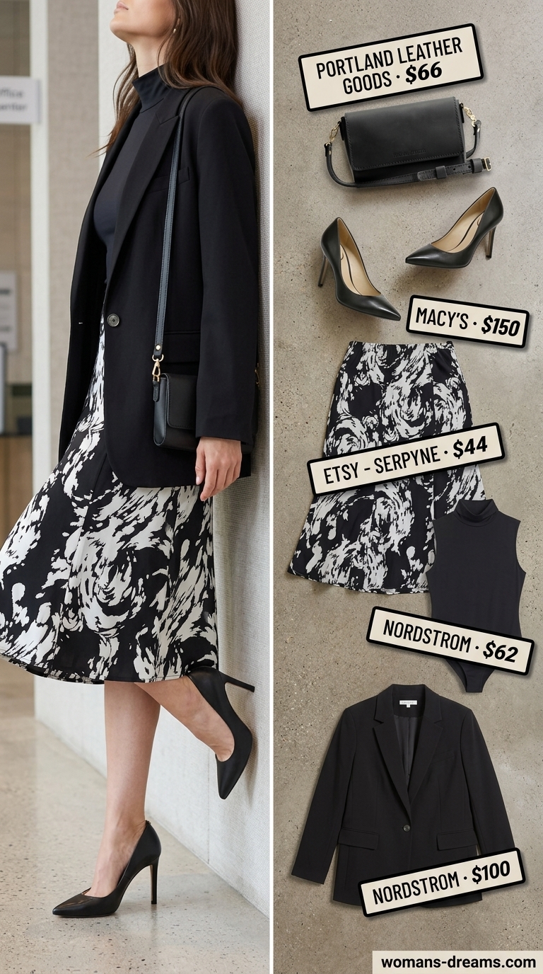 Summer business casual blazer outfit for women 2026: Abstract skirt, black blazer, bodysuit for office.