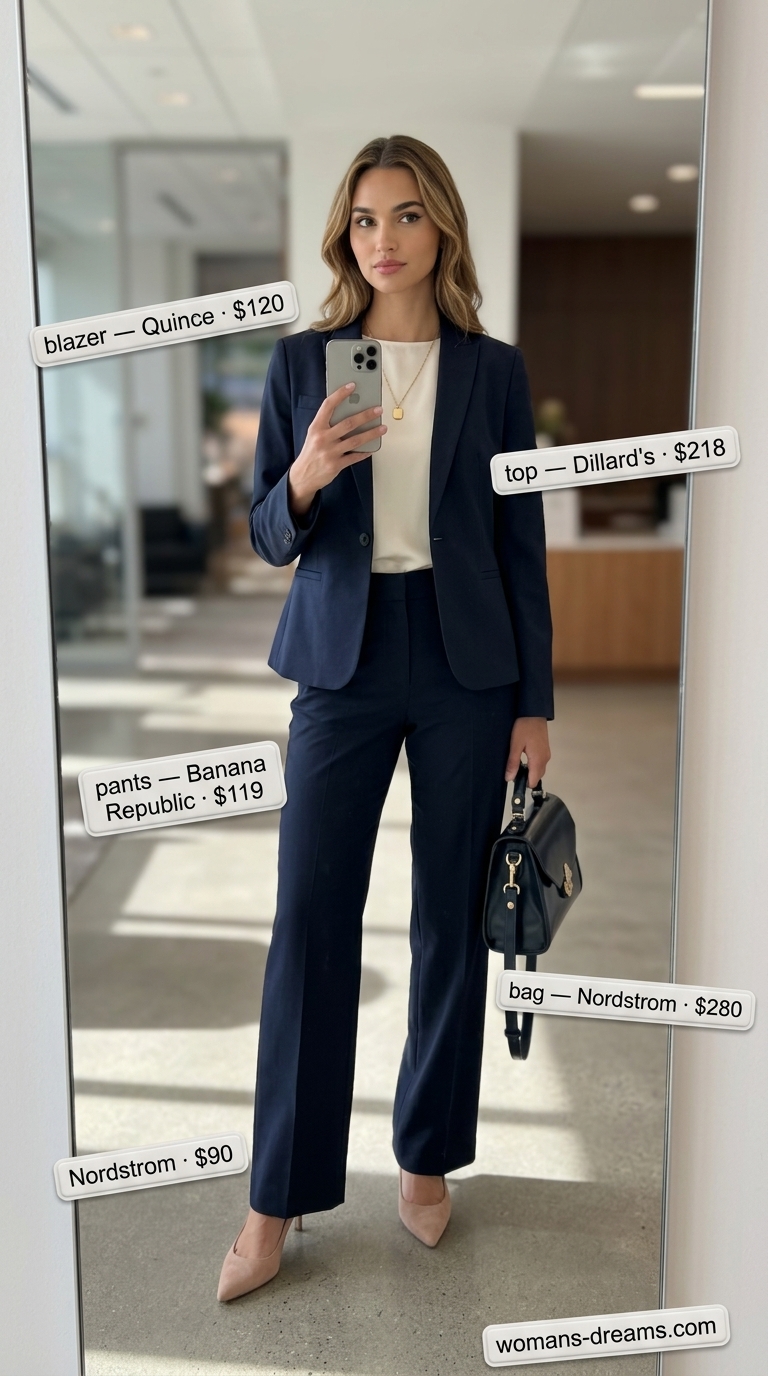 Summer business casual blazer outfit for women 2026: Navy trousers, cream sleeveless top, navy blazer for office.