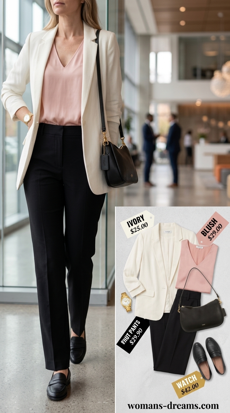Summer business casual blazer outfit for women 2026: Ivory blazer, blush blouse, black trousers, loafers for office.