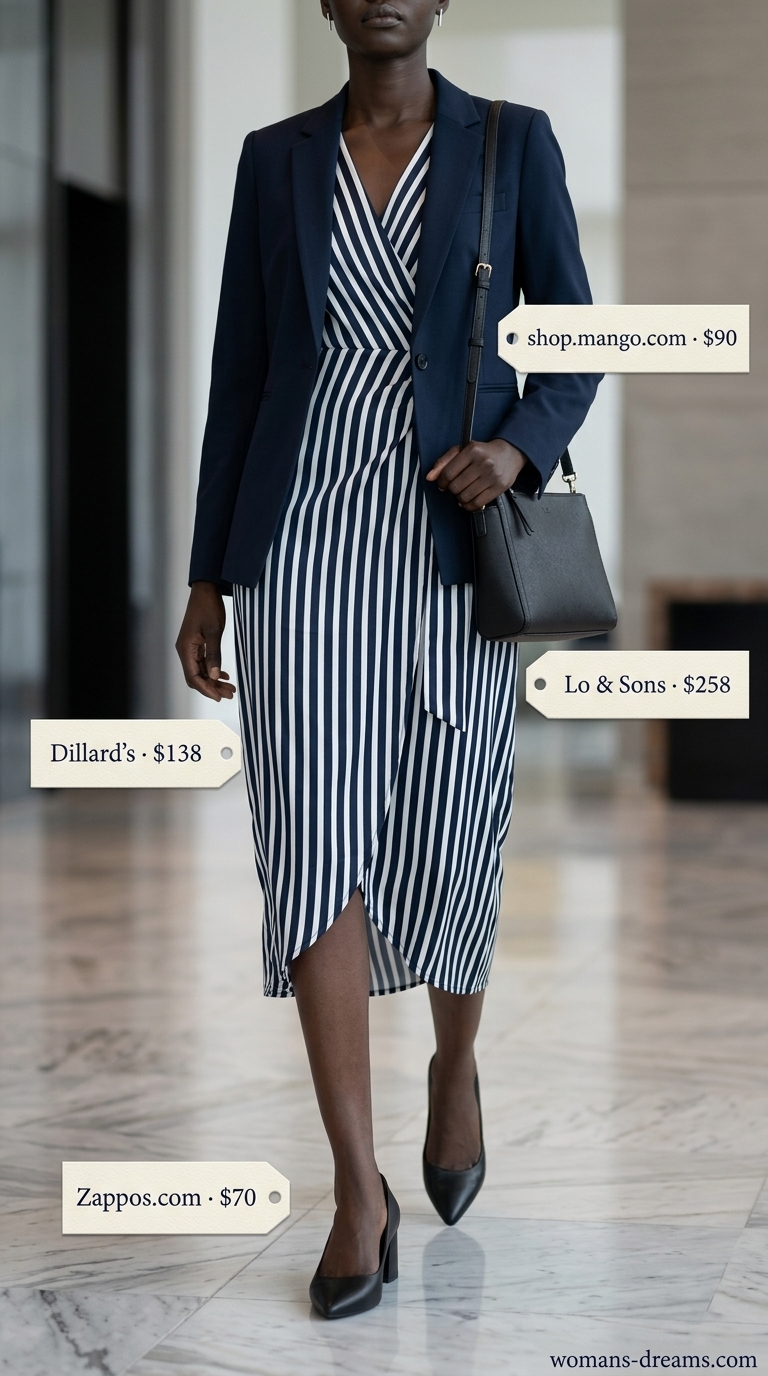 Summer business casual blazer outfit for women 2026: Navy pinstripe dress, navy blazer, black pumps for office.