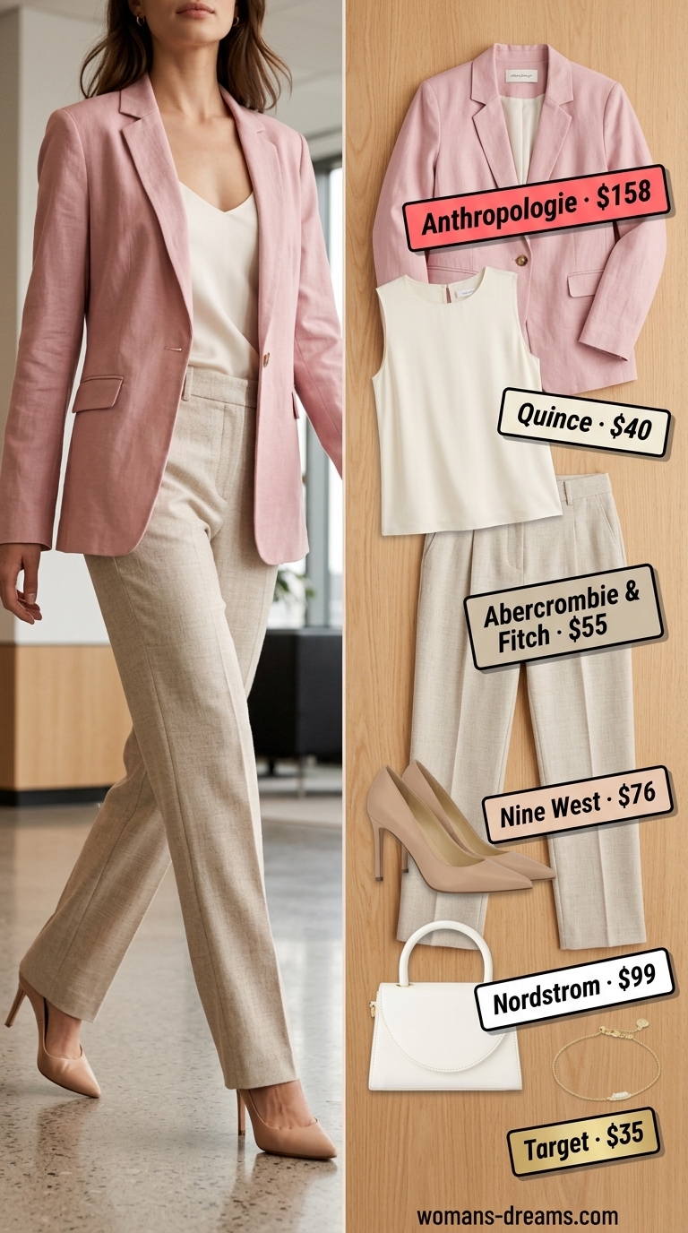 Summer business casual blazer outfit for women 2026: Soft pink blazer, cream trousers, white top for work.