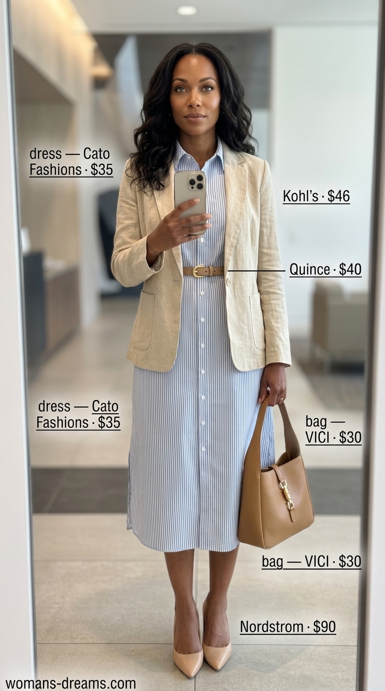 Summer business casual blazer outfit for women 2026: Light blue shirtdress, beige blazer, tan pumps for office.
