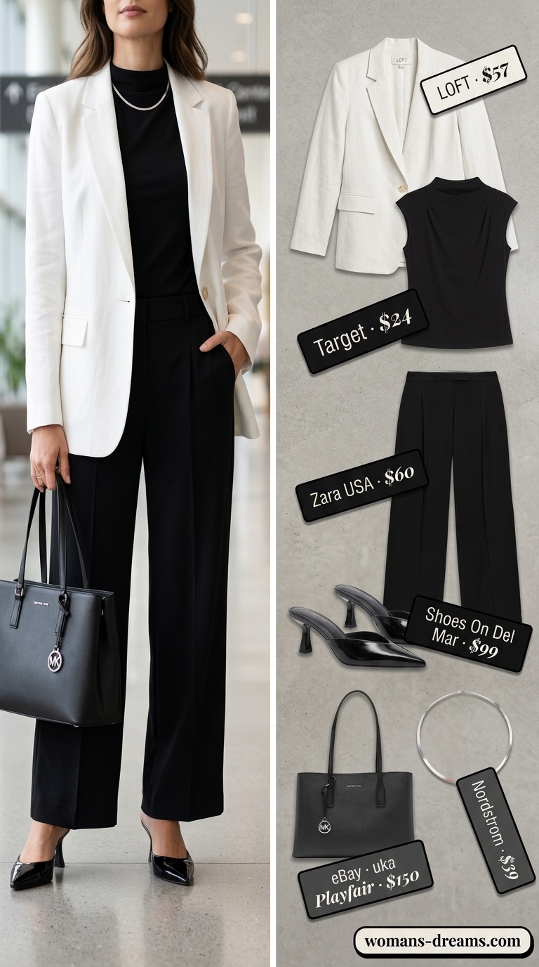 Summer business casual blazer outfit for women 2026: White oversized blazer, black trousers, black mules for office.