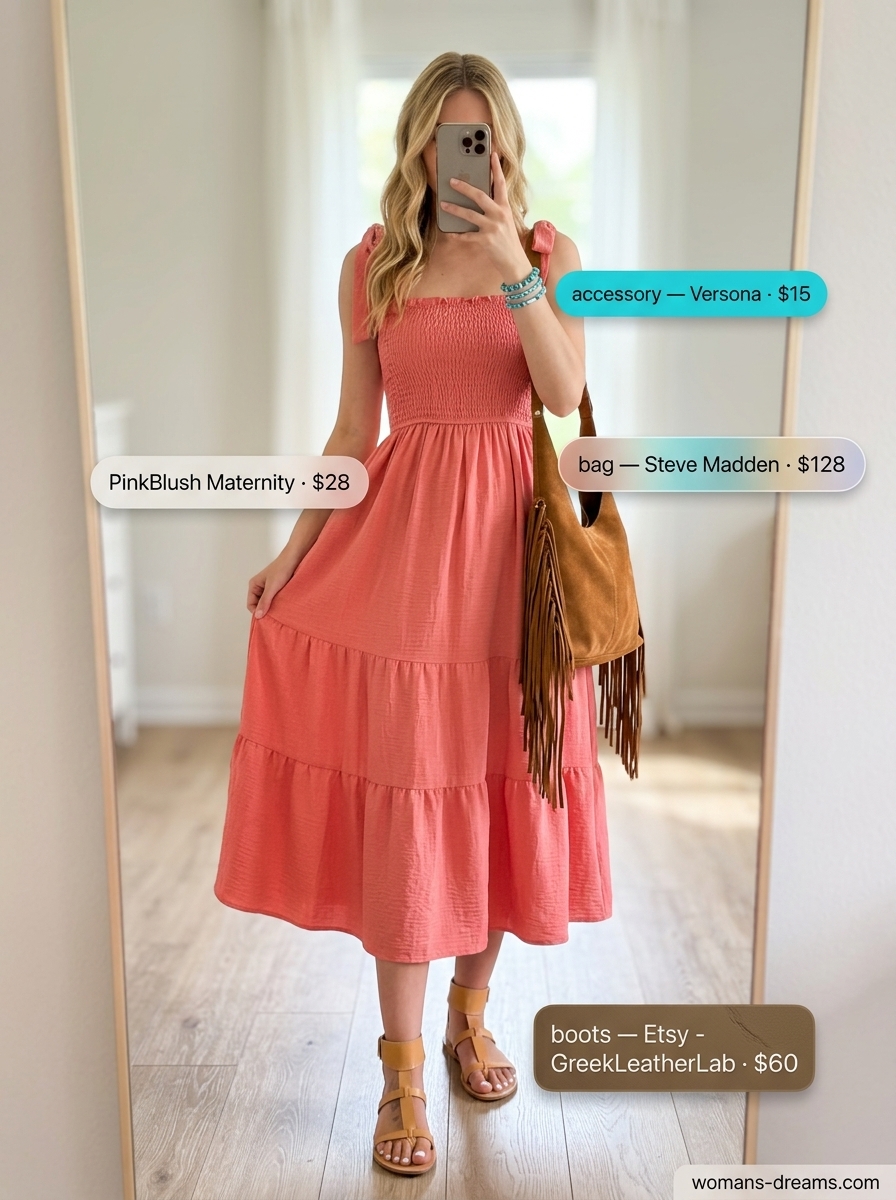 Coral tiered sundress outfit for women 2026. Bohemian festival style with gladiator sandals.