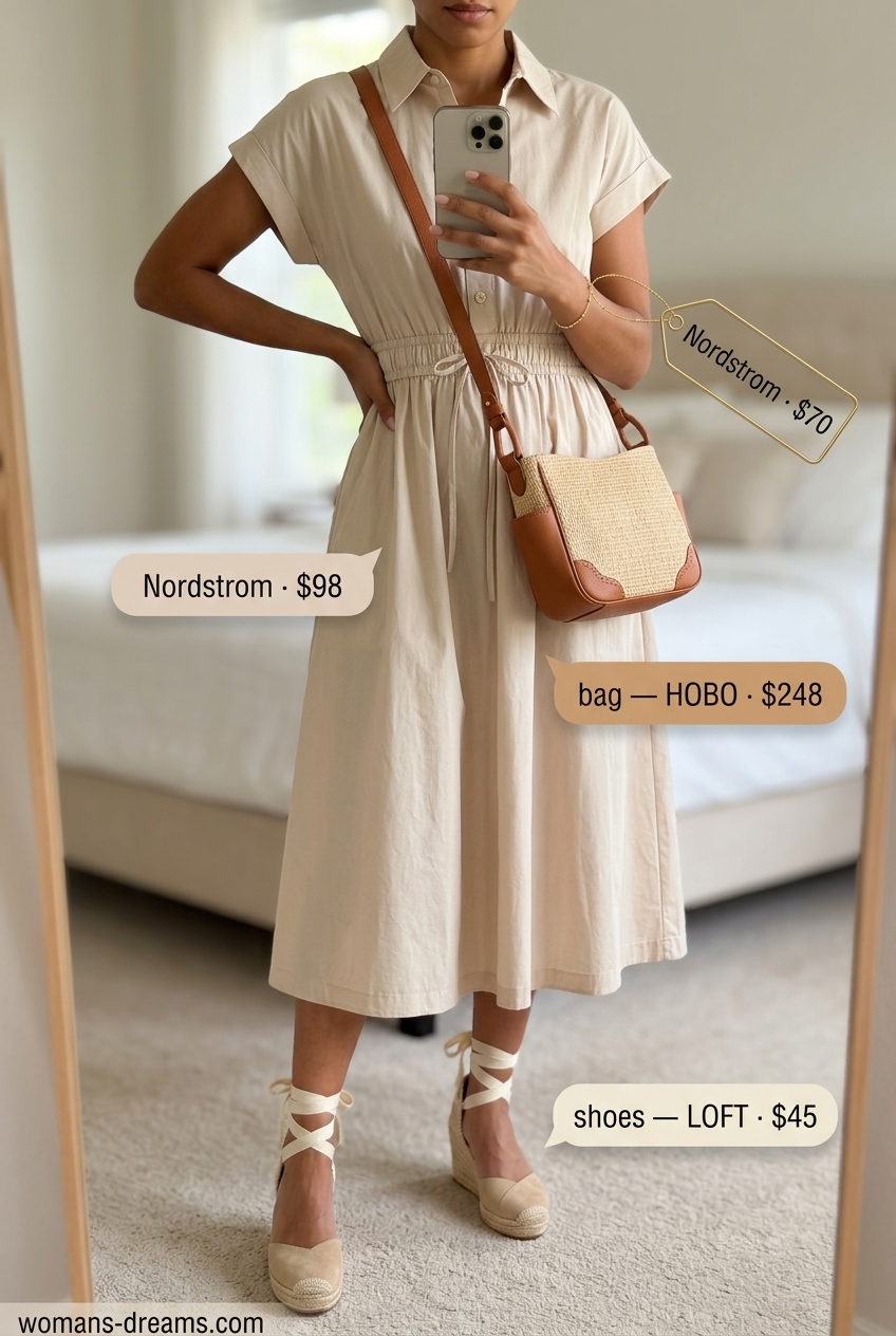 Light beige cotton midi shirt dress for summer cotton dress outfits for women 2026. Chic brunch outfit with espadrilles and crossbody bag.