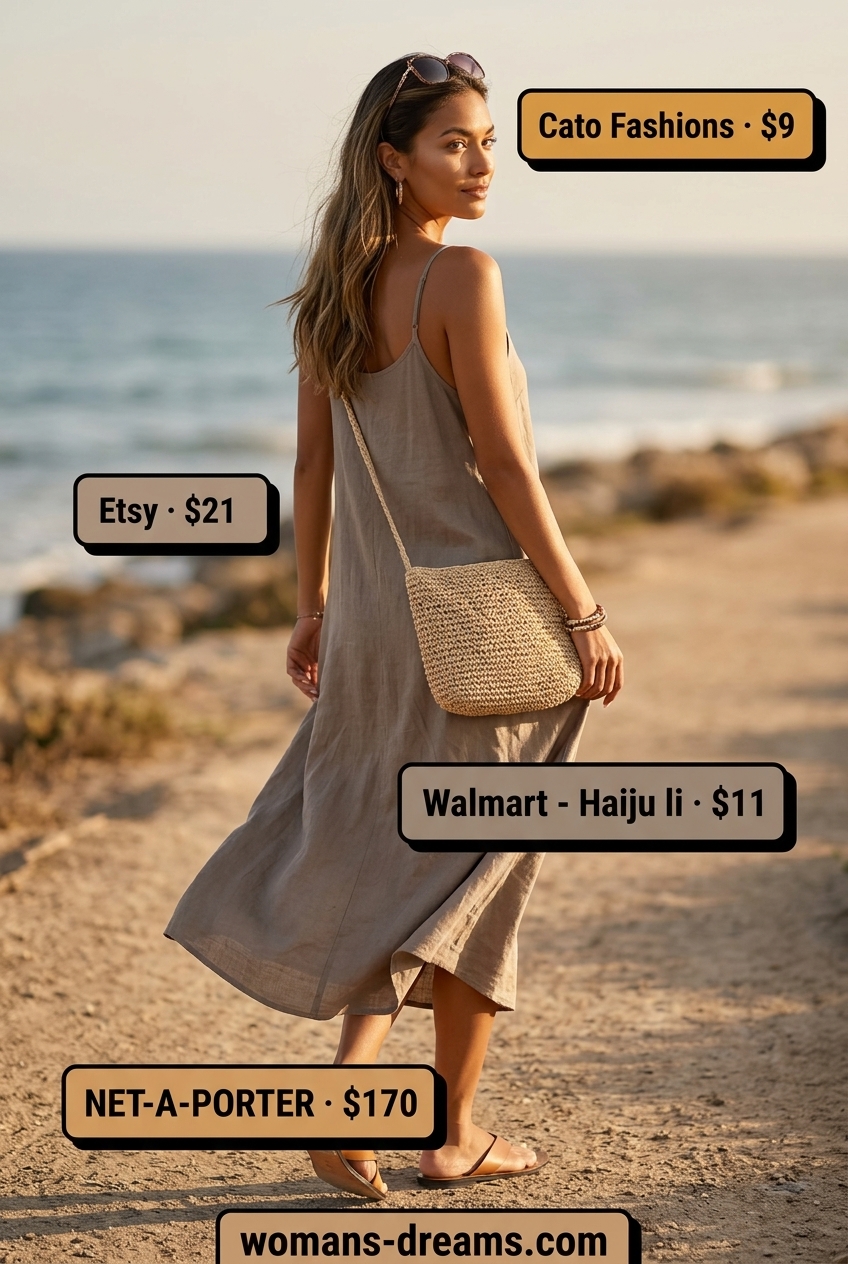 Beige cotton dress styled with flat sandals and sunglasses for summer cotton dress outfits for women 2026. Casual errands outfit.