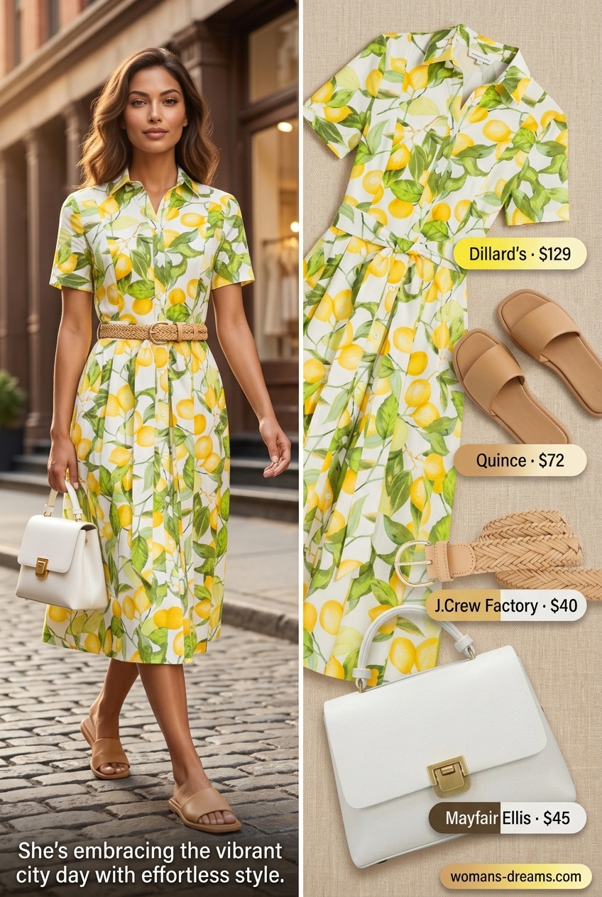 Citrus print midi shirt dress outfit for women 2026. Vibrant brunch style with structured satchel.