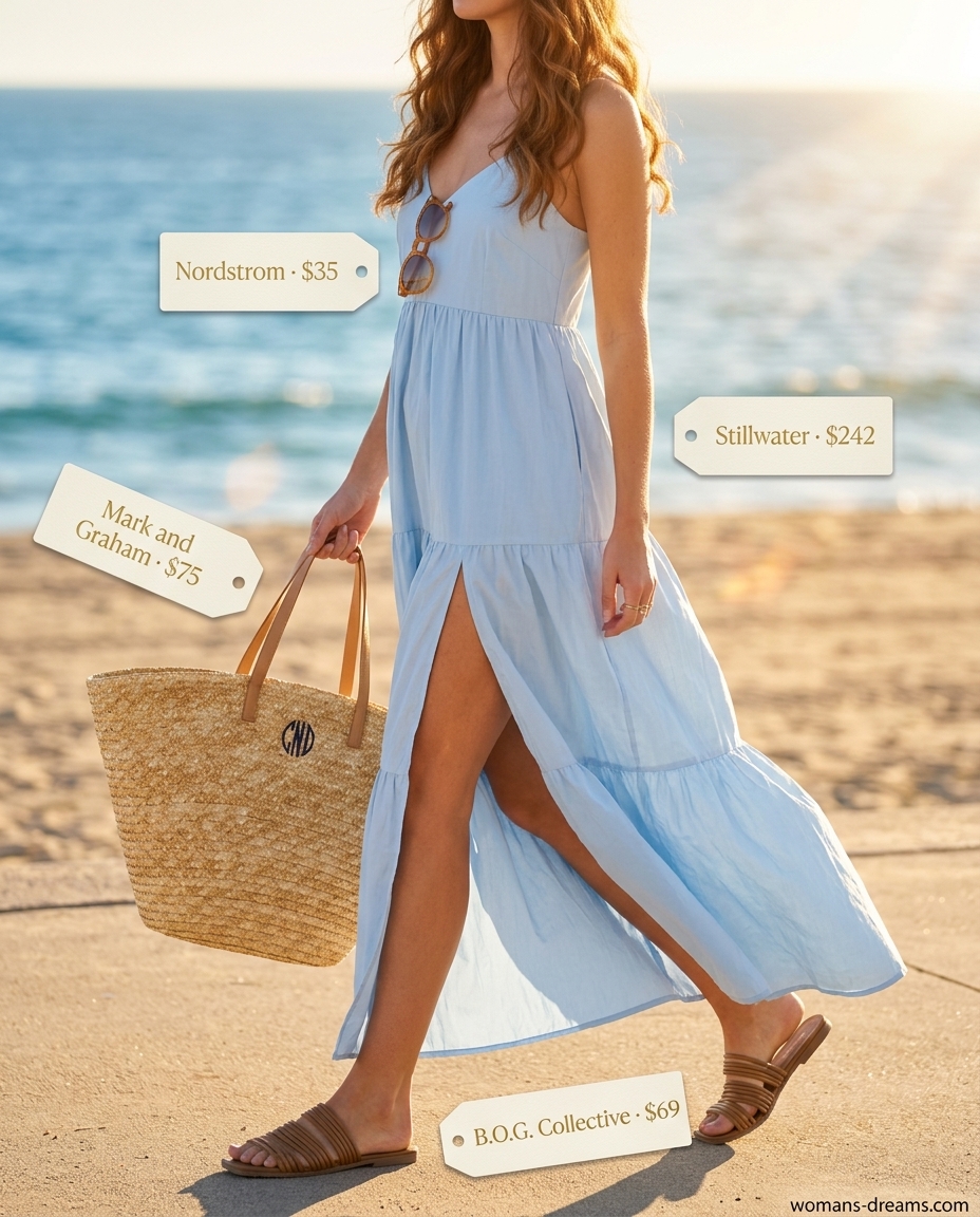 Sky blue cotton maxi dress for summer cotton dress outfits for women 2026. Beach day outfit with straw tote and slides.