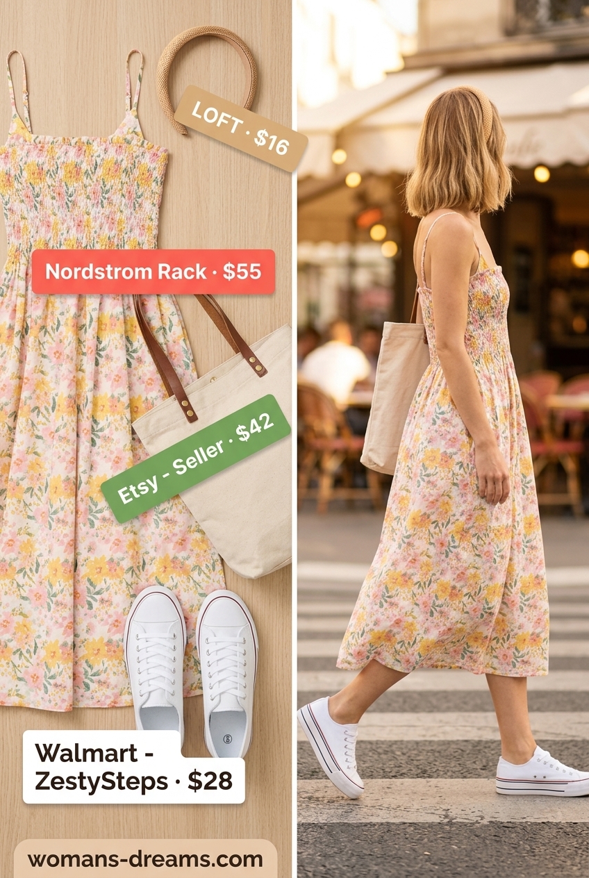 Pastel floral cotton sundress for summer cotton dress outfits for women 2026. Picnic outfit with canvas sneakers and tote bag.