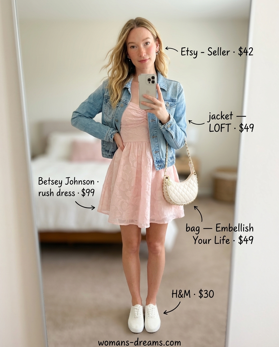 Blush pink cotton mini dress outfit for women 2026. Casual day out style with denim jacket and white sneakers.