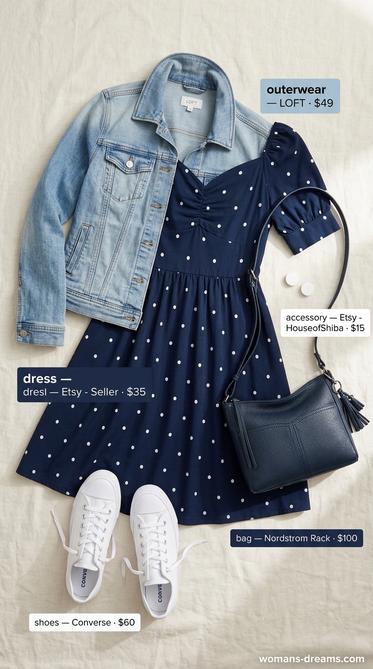 Navy polka dot cotton mini dress for summer cotton dress outfits for women 2026. Playful day out outfit with denim jacket and sneakers.
