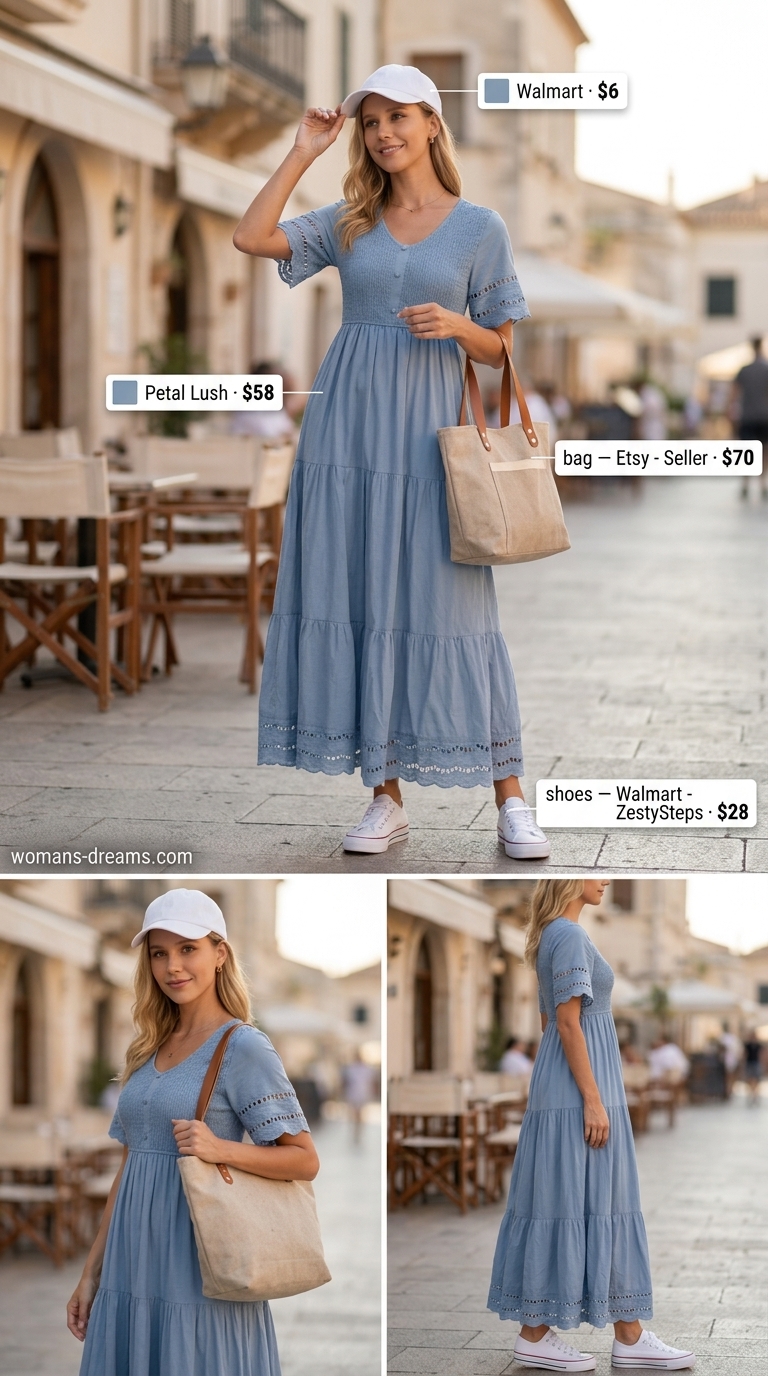 Muted blue cotton gauze maxi dress for summer cotton dress outfits for women 2026. Casual outing outfit with canvas sneakers and tote.